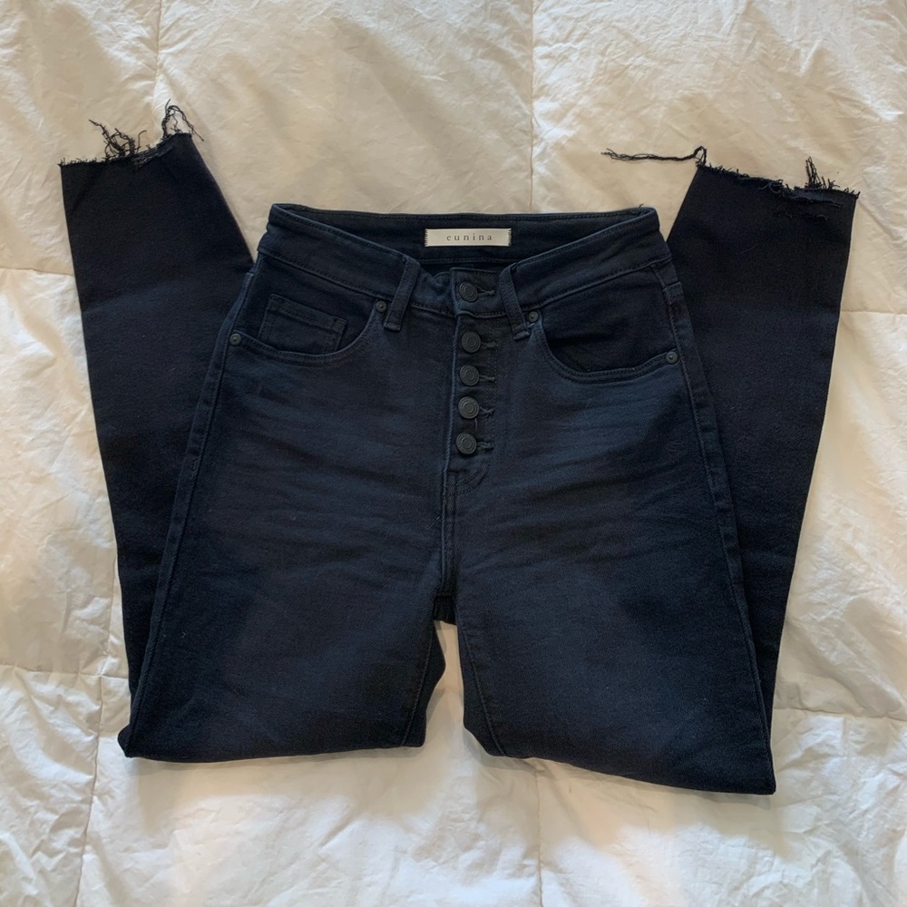 Distressed, high rise, button fly jeans